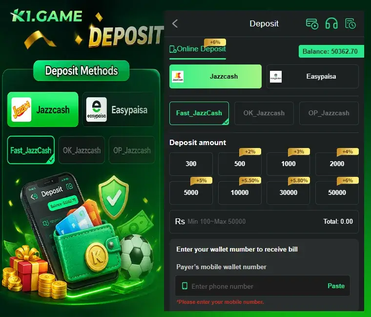 K1 Game Deposit Screen Showcase