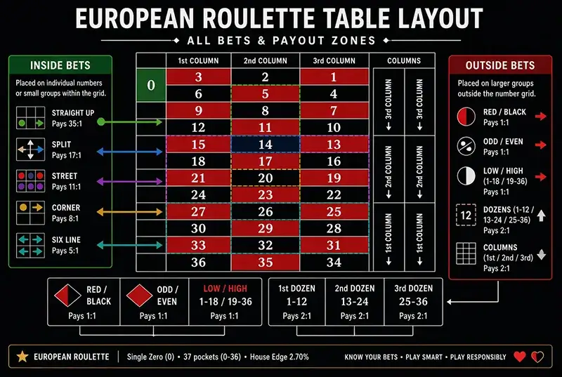 European Roulette table layout